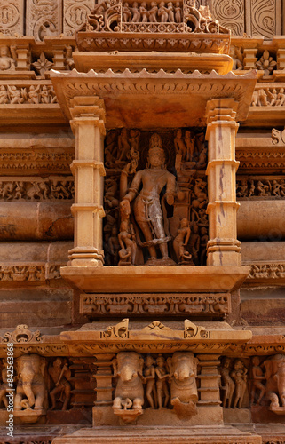 Sculptures carved on the wall of Lakshmi Temple in the Khajuraho temple complex  India