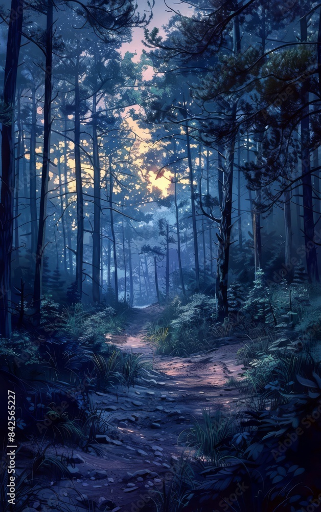 A path winds through a dense forest, bathed in a soft, blue light A path winds through a dense forest, bathed in a soft, blue light