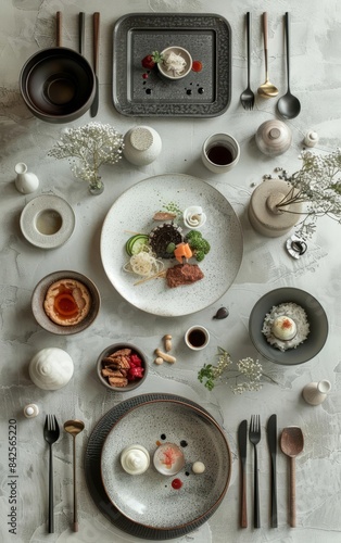 A minimalist table setting with various plates, bowls, and utensils, decorated with sprigs of greenery.