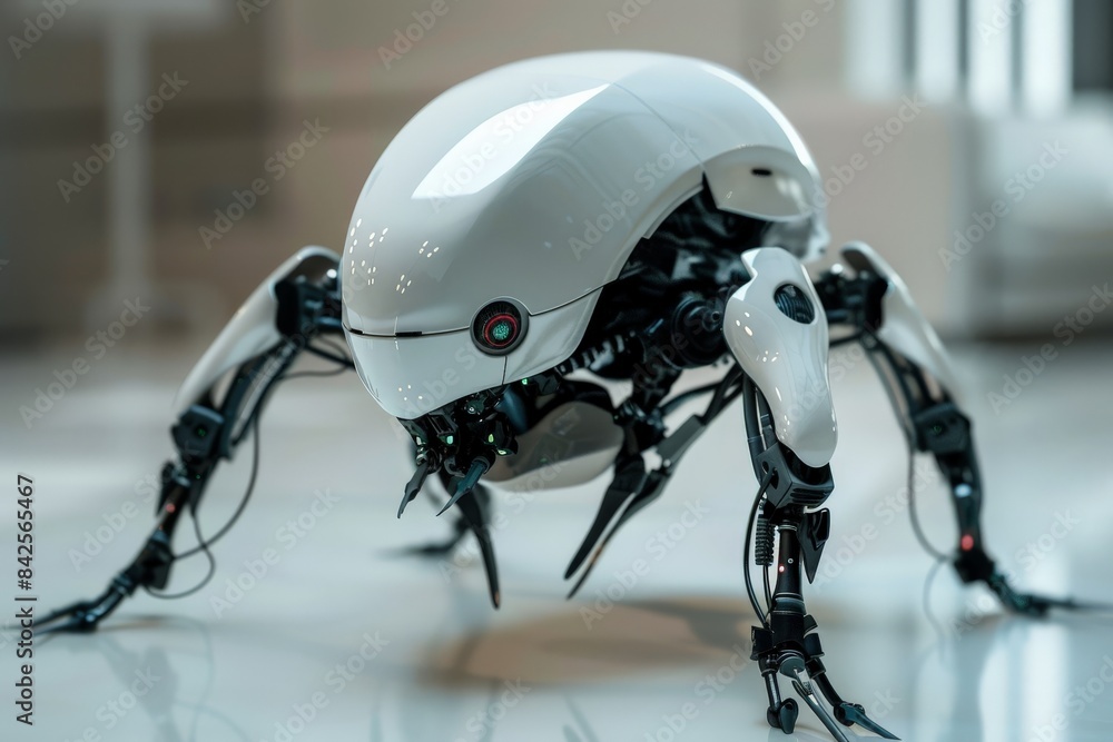 This image features a sleek, futuristic spider-like robot positioned on a reflective surface, suggesting advanced technology and mechanical design This image features a sleek, futuristic spider-like robot positioned on a reflective surface, suggesting advanced technology and mechanical design