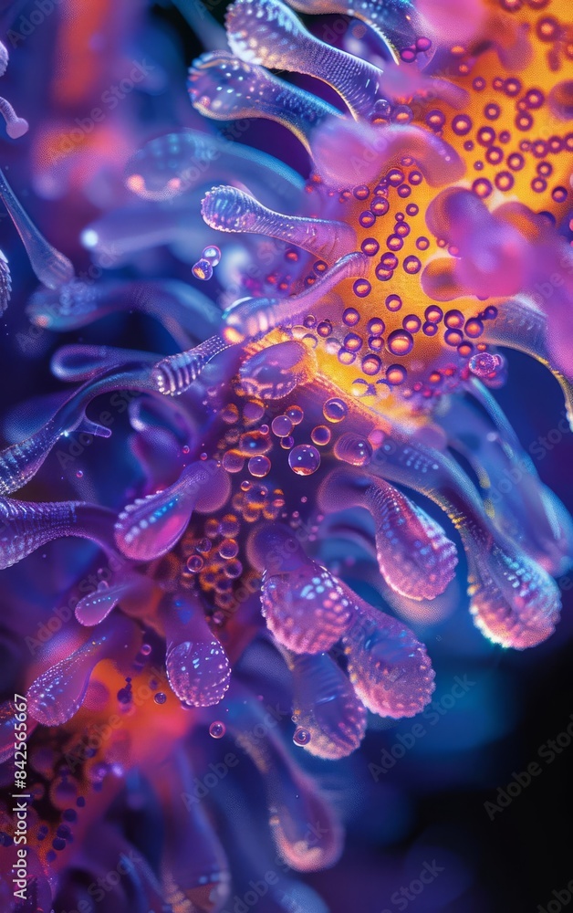Obraz premium Abstract colorful organic shapes, resembling a microscopic organism or a surreal plant.