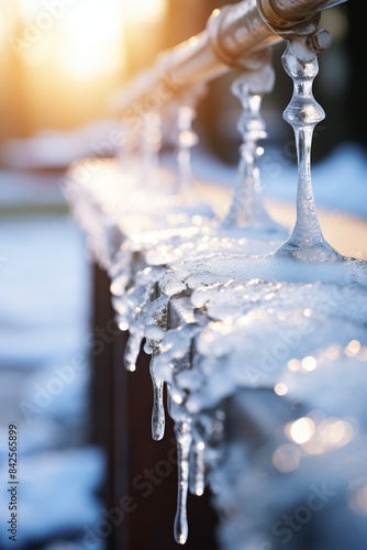 A frozen tree branch with icicles hanging from it. The icicles are dripping with water and the sun is shining on them