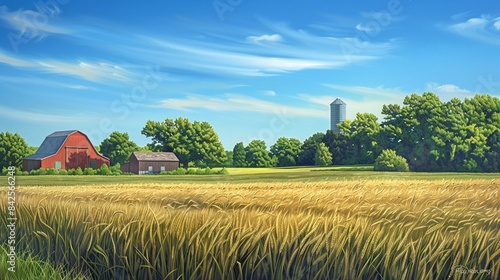 A tranquil farm scene with a wheat field ready for harvest, a barn, silo, and lush green trees under a clear blue summer sky.