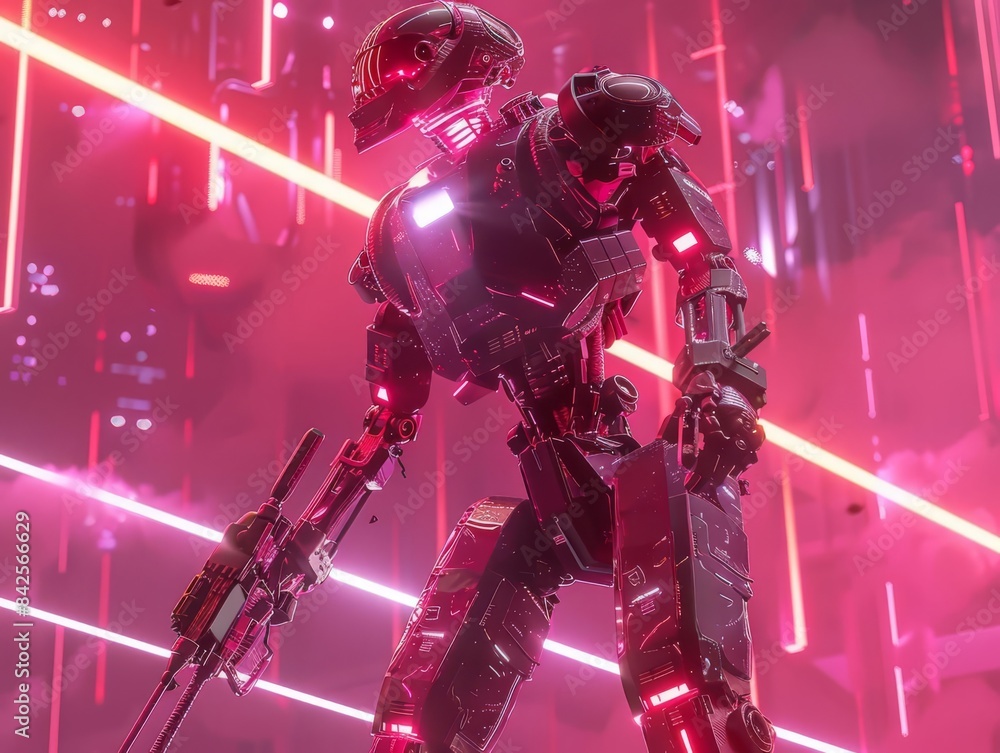 A futuristic robot stands in a neon-lit cityscape, ready for action. The glowing lights create a dynamic and vibrant backdrop. A futuristic robot stands in a neon-lit cityscape, ready for action. The glowing lights create a dynamic and vibrant backdrop.