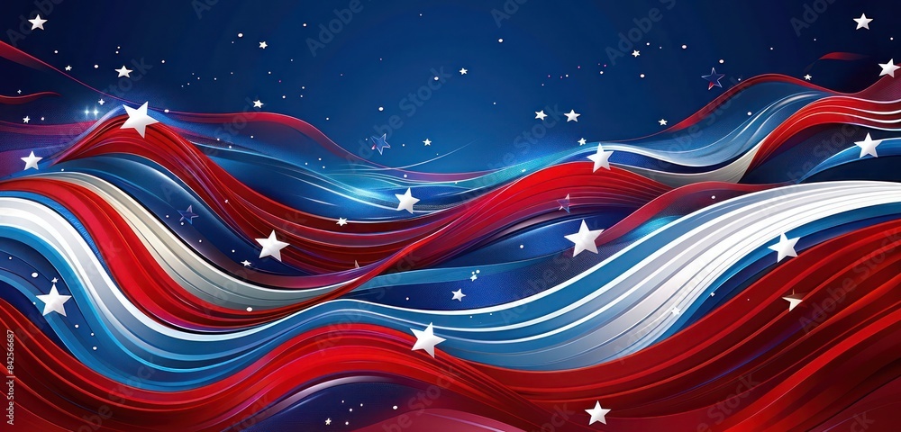 Fototapeta premium Waves of red, white, and blue flowing together with star accents, forming an elegant and dynamic abstract pattern patriotism.