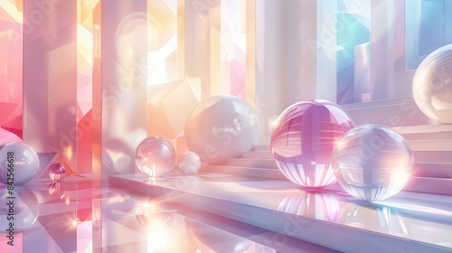 architectural backdrop with a mix of vibrant and visually appealing designs, including spheres, squares, and triangles, ideal for elevating visual charm of virtual meetings and video call backgroud