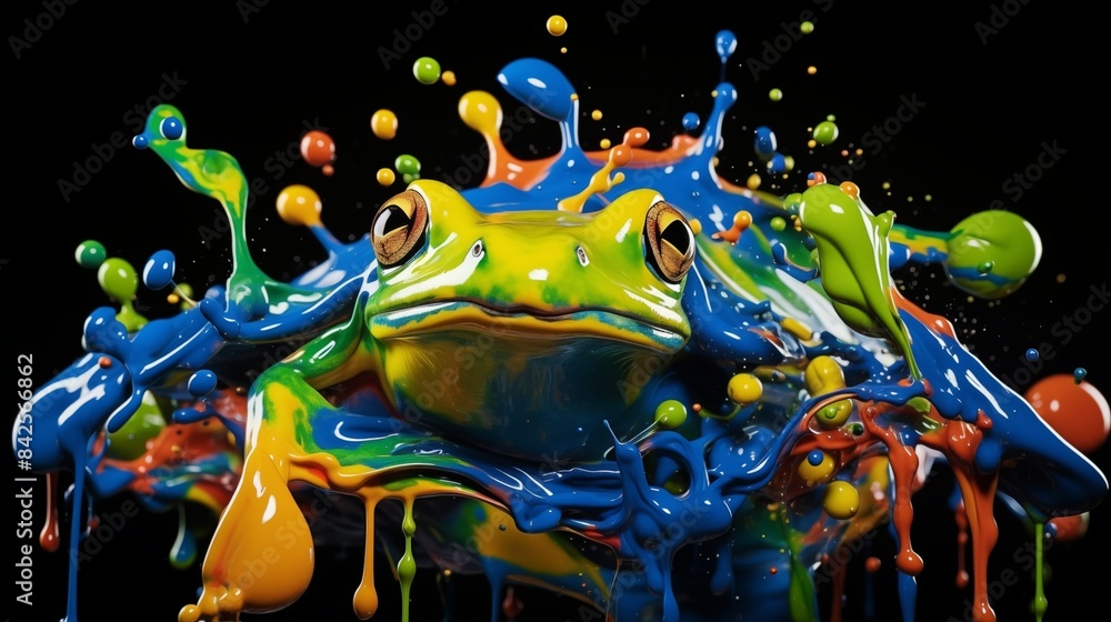 Abstract illustration of a colorful frog in a color explosion on a black background Abstract illustration of a colorful frog in a color explosion on a black background