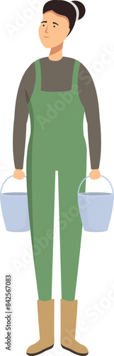 Young female farmer carrying two buckets filled with water or milk on white background