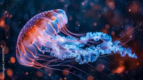 A bioluminescent jellyfish with vibrant blue tentacles swims through a dark, sparkling ocean.