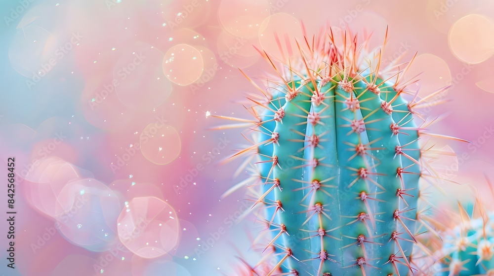 Naklejka premium Beautiful pastel colored cacti with bokeh effect, soft focus, dreamy light background