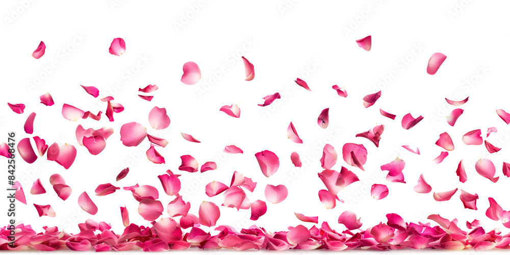 Photo of vibrant pink rose flowers petals falling on white or transparent background, png file. Petal rain, Wedding celebration, Valentines day card, romantic overlay