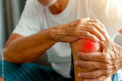 close shot of hand holding on leg muscle due to pain., acute pain highlighted in red spreading , man having joints pain