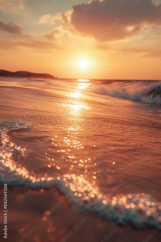 Sandy beach at sunset with ocean waves and sun rays. Summer and vacation concept. Design for poster, wallpaper, and greeting card, banner with copy space. Sandy beach at sunset with ocean waves and sun rays. Summer and vacation concept. Design for poster, wallpaper, and greeting card, banner with copy space.