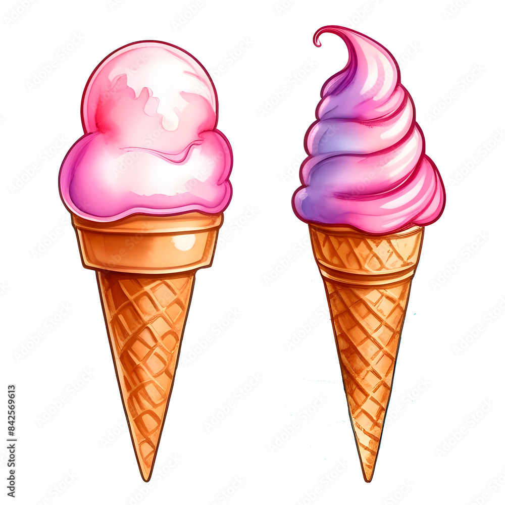 A set of watercolor ice cream cones isolated on a white background. Bright juicy ice cream for summer holidays. Advertising, postcards, prints, packaging. A set of watercolor ice cream cones isolated on a white background. Bright juicy ice cream for summer holidays. Advertising, postcards, prints, packaging.