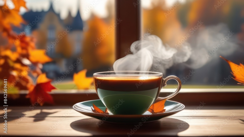 a cup of tea with steam on the background of a window and autumn leaves, autumn mood a cup of tea with steam on the background of a window and autumn leaves, autumn mood