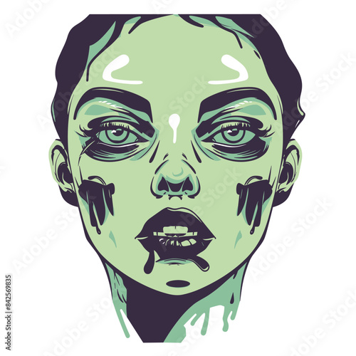 Woman face melting surreal graphic art. Green tones dominate illustration, conveying sense eerie transformation decay. Eyes mouth express distress horror against isolated white background