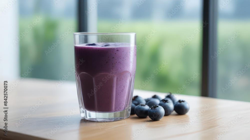 blueberry smoothie in a beautiful glass on a table near the window, light colors blueberry smoothie in a beautiful glass on a table near the window, light colors
