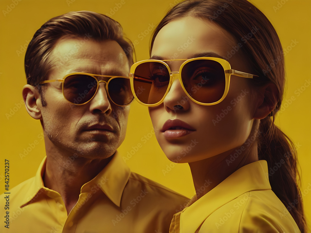 Young attractive woman and man with sunglasses on yellow background. Stylish couple. Young attractive woman and man with sunglasses on yellow background. Stylish couple.