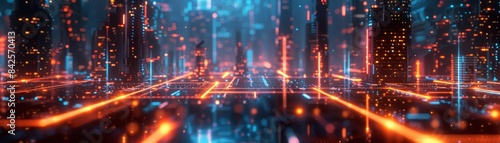 Futuristic city with neon lights and glowing streets.