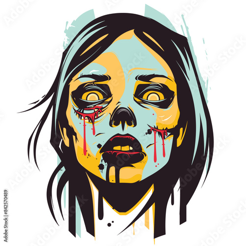 Zombie girl graphic illustration, scary female face blood wounds. Horror character design, woman zombie torn skin, dark hair, wide eyes. Halloween girl, undead art, blue yellow