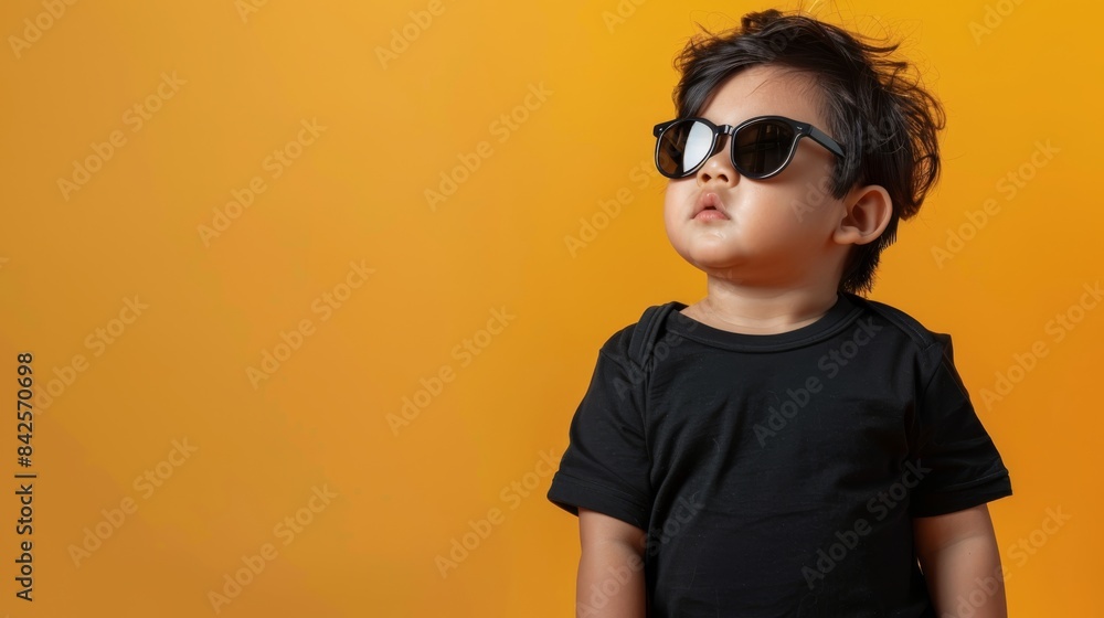 A young Asian boy with sunglasses stands against a yellow backdrop A young Asian boy with sunglasses stands against a yellow backdrop