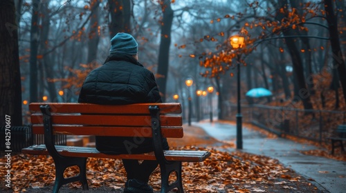 Nighttime silhouette of an angelic figure seated on a bench amidst glowing bokeh lights