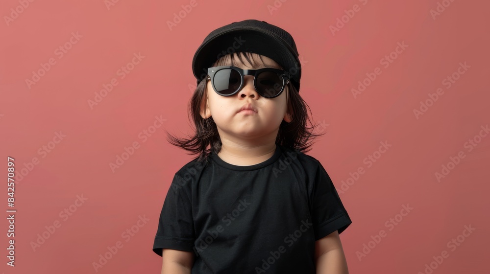 A young boy in a black shirt and cap poses in front of a pink background A young boy in a black shirt and cap poses in front of a pink background