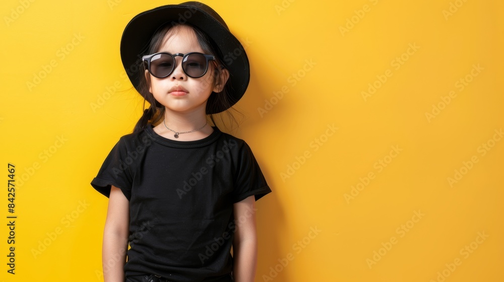 A young girl in a black t-shirt and sunglasses stands confidently against a yellow background A young girl in a black t-shirt and sunglasses stands confidently against a yellow background