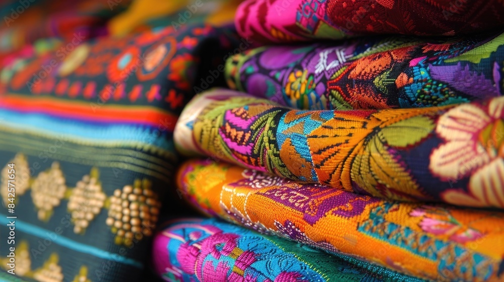 Detail of the craftsmanship of the brightly coloured traditional Guatemalan cloths or Tzutes.