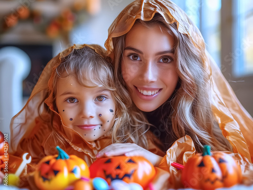 Mother and daughter alone in Halloween with trick or tread in their house  , have pumpkin candy in foreground photo