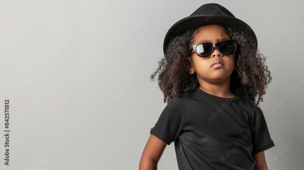 A young girl in a black shirt and fedora poses with sunglasses A young girl in a black shirt and fedora poses with sunglasses