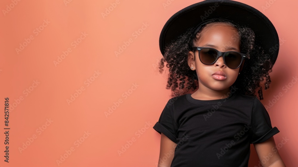 A young girl in black sunglasses and a hat poses against a coral wall A young girl in black sunglasses and a hat poses against a coral wall