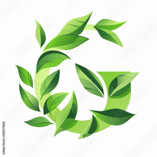 logo, vector design of green tea leaves in the shape of an "G" on a white background, in the style of a modern flat design with simple shapes and an organic green color palette of lines and curves, el