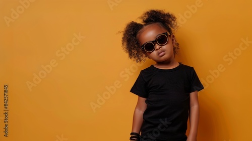A young girl in a black t-shirt with sunglasses, posing against a yellow wall