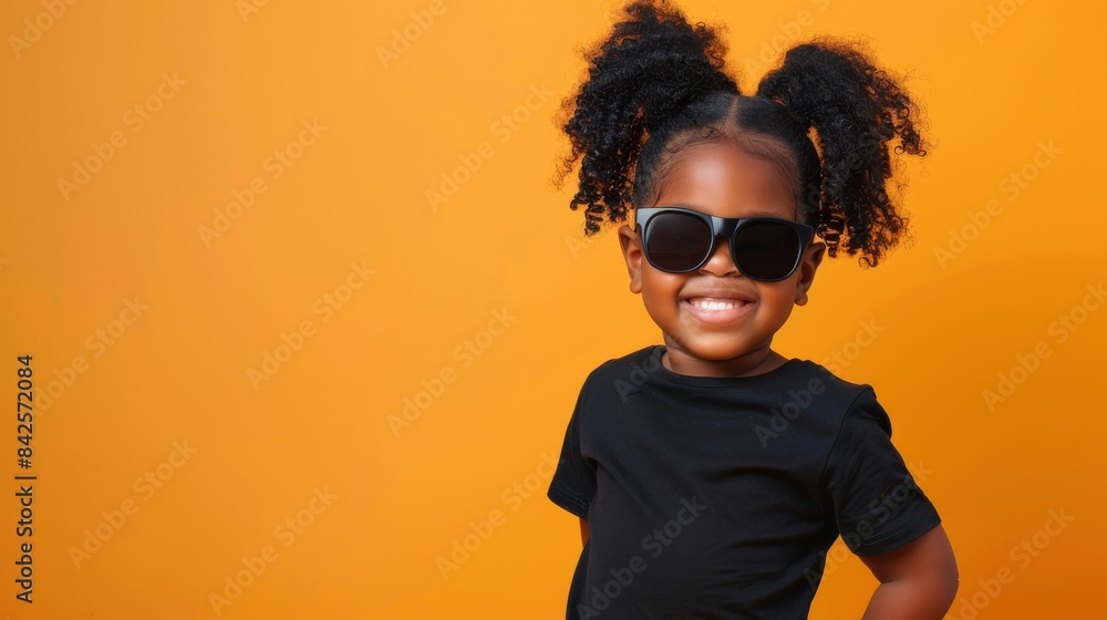A young girl with sunglasses smiles confidently A young girl with sunglasses smiles confidently