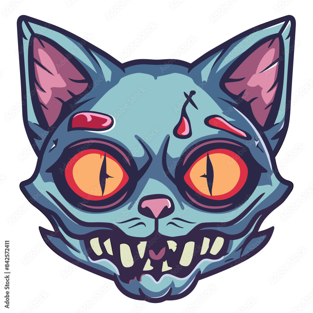 Frightening cartoon zombie cat head wide orange eyes, dripping blood, sharp fangs, isolated white background. Eerie undead feline creature, vivid colors, Halloween themed graphic design. Scary Frightening cartoon zombie cat head wide orange eyes, dripping blood, sharp fangs, isolated white background. Eerie undead feline creature, vivid colors, Halloween themed graphic design. Scary