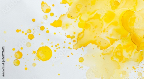 Yellow paint splashes on white paper background. Abstract watercolor painting.