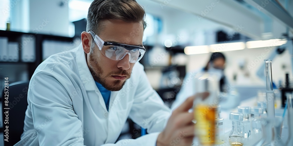 A handsome scientist in a laboratory, focused on successful chemical analysis, working with test tubes and a microscope.