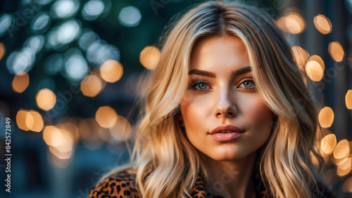 Stunning portrait of a beautiful blonde female influencer and model blonde hair highlights