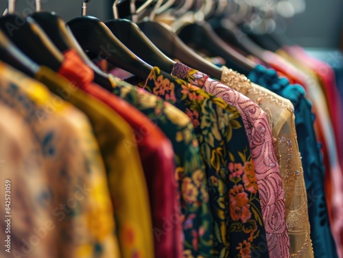 Hanging clothing rack with colorful shirts photo