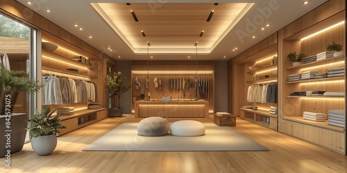 In a luxurious boutique, modern interior design showcases elegant apparel against a white backdrop.