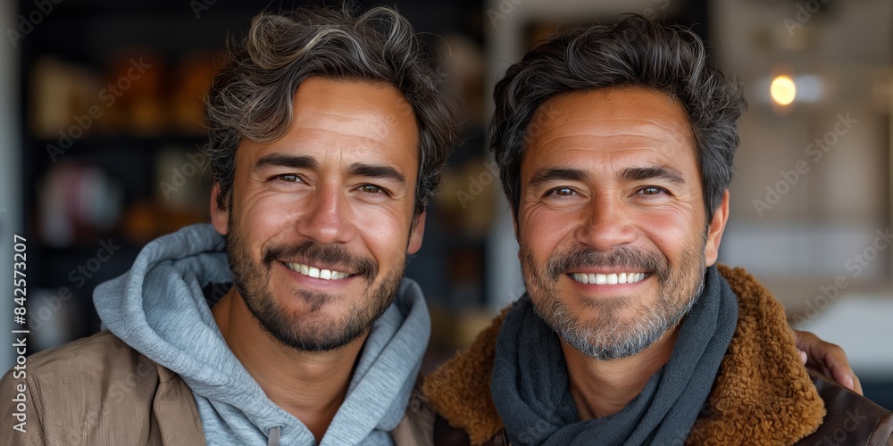 An affectionate couple stands outdoors, both smiling with confidence and happiness. An affectionate couple stands outdoors, both smiling with confidence and happiness.