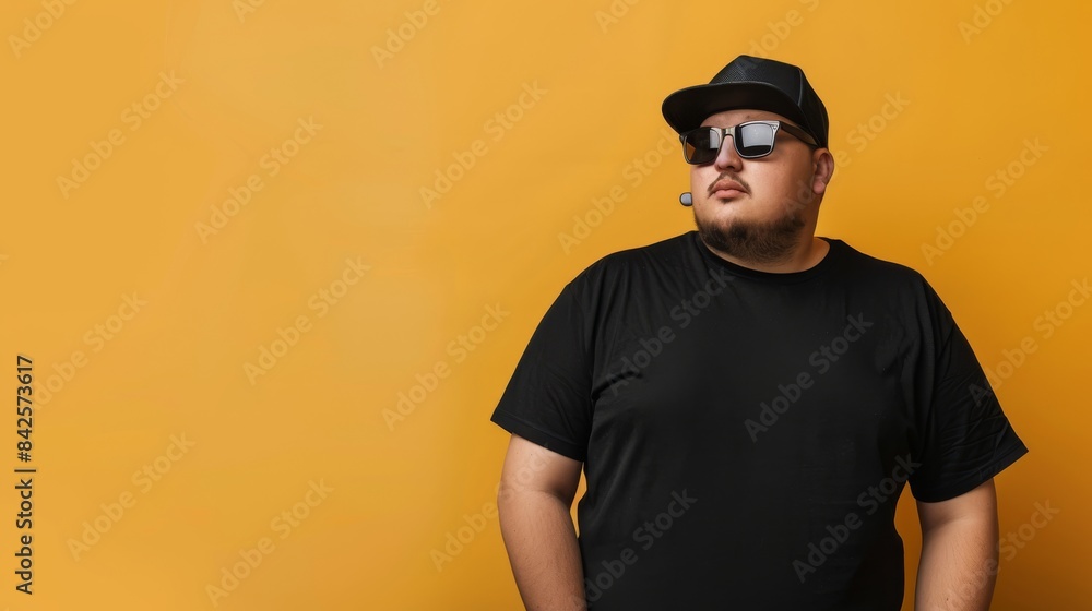 A man wearing a black t-shirt stands against a bright yellow background A man wearing a black t-shirt stands against a bright yellow background