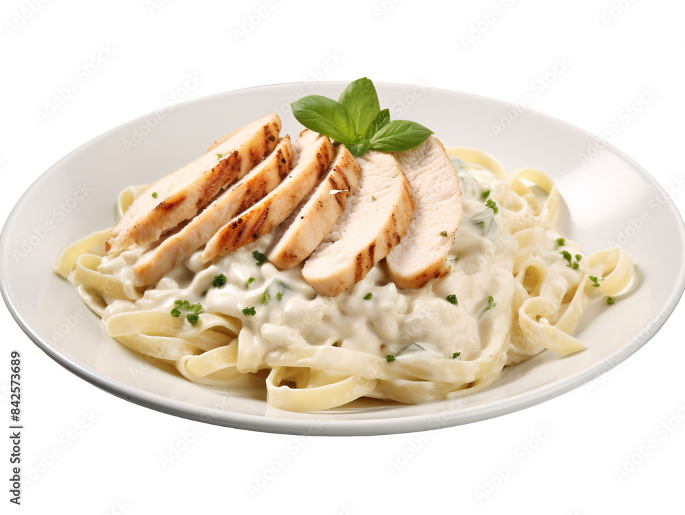 a plate of pasta with chicken and sauce