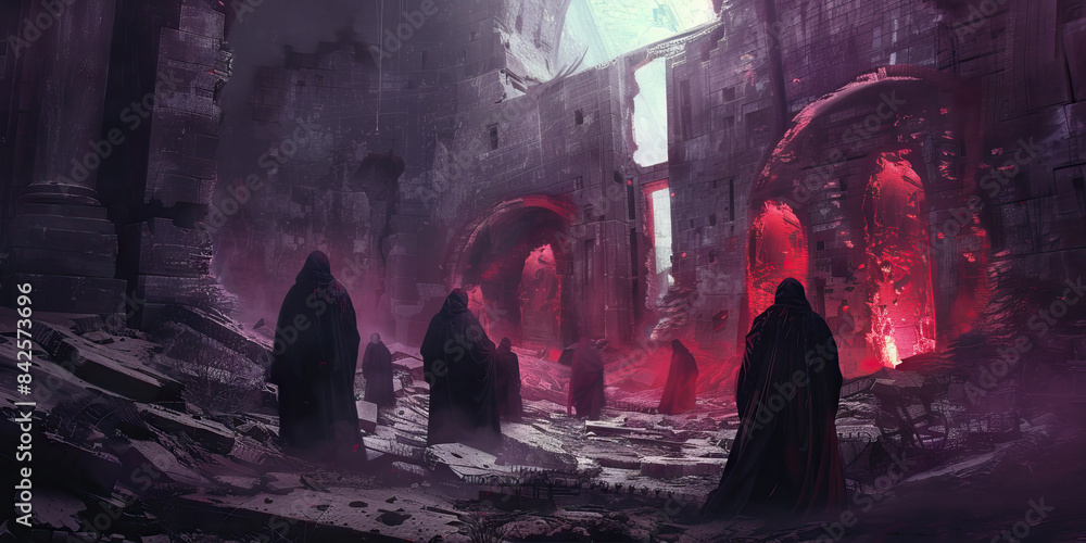 Unholy Gathering: Demonic Cultists Conspiring in a Forgotten Ruin - Cultists meeting in the ruins of an ancient temple, their whispers echoing off crumbling walls, as they plot to bring about chaos an Unholy Gathering: Demonic Cultists Conspiring in a Forgotten Ruin - Cultists meeting in the ruins of an ancient temple, their whispers echoing off crumbling walls, as they plot to bring about chaos an