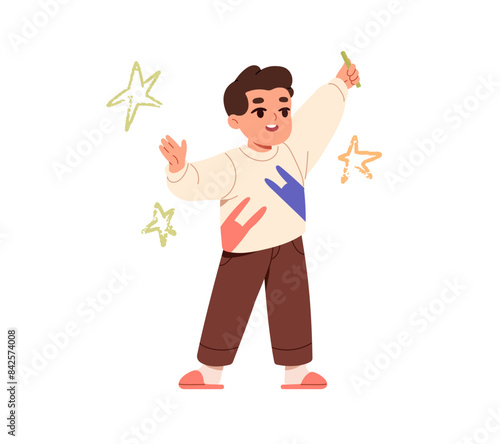 Happy child with arms up and doodles on the wall behind. Cute little boy holds chalk in hand. Creative kid drawing stars, sparks with crayon. Flat isolated vector illustration on white background