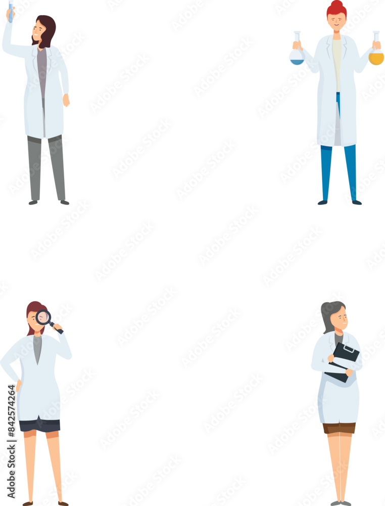 Collection of cartoon scientists in various poses, illustrating scientific research activities Collection of cartoon scientists in various poses, illustrating scientific research activities