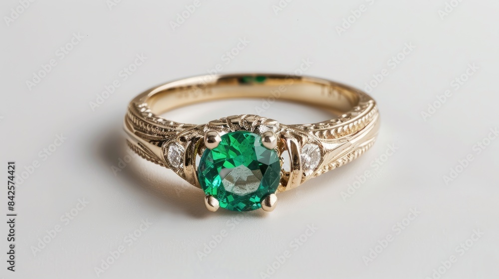 An old diamond and emerald ring set apart against a plain white backdrop An old diamond and emerald ring set apart against a plain white backdrop