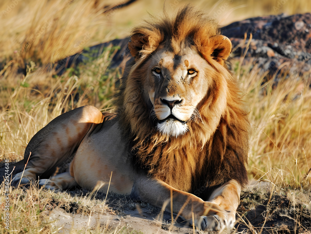 A powerful lion lounging gracefully in the African savanna under the golden sun's warm glow. A powerful lion lounging gracefully in the African savanna under the golden sun's warm glow.