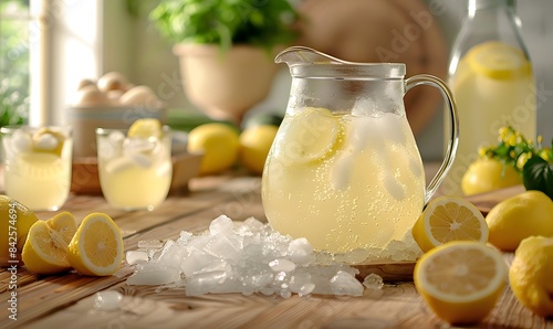Wallpaper Mural Lemonade with ice in a pitcher and glass on a wooden kitchen, Generative AI Torontodigital.ca